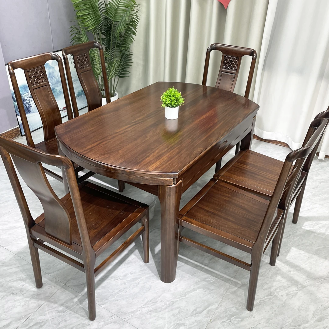 乌金木全实木组合餐桌椅新中式餐台可伸缩方圆两用家用饭桌