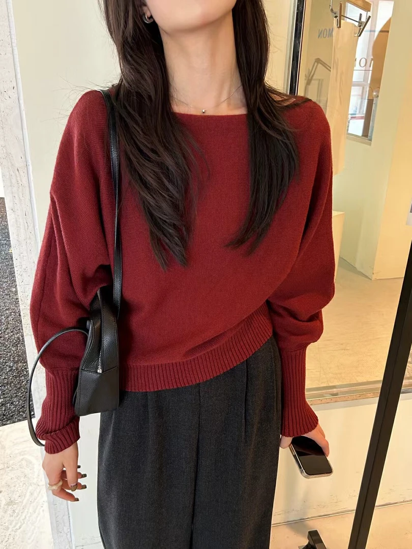 韩系气质斜肩灯笼袖显瘦针织衫秋冬温柔百搭正肩毛衣小衫