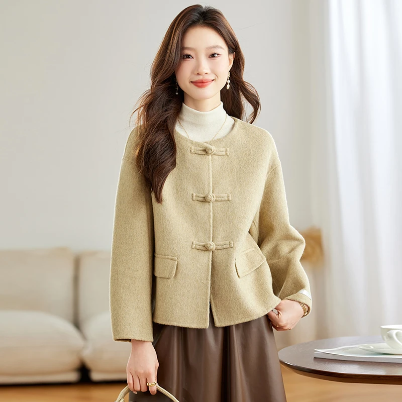 双面羊毛大衣女2025爆款小个子短款圆领国风盘扣上衣毛呢外套秋冬
