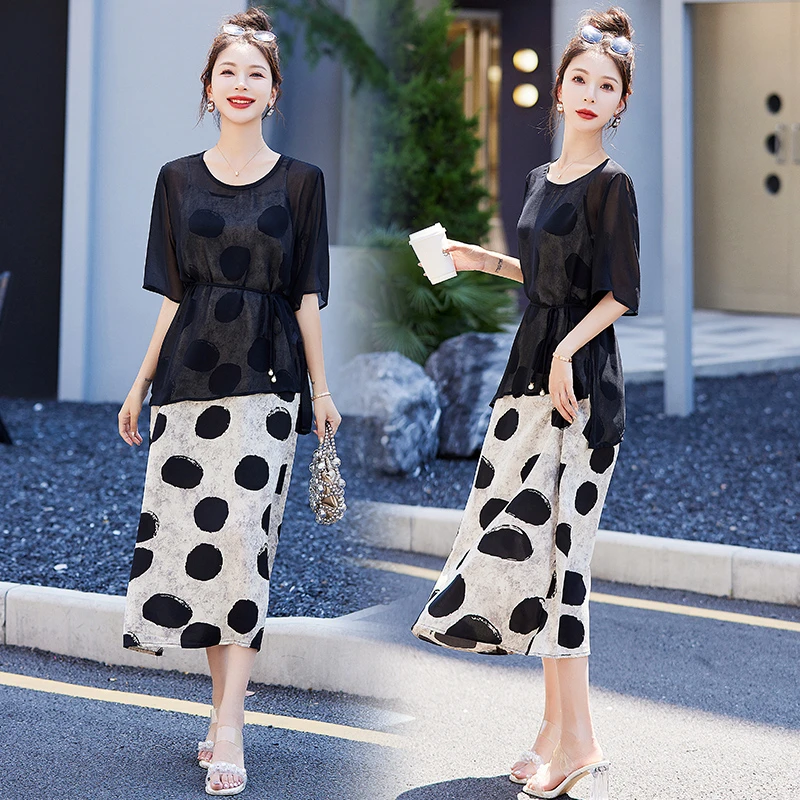 洋气波点连衣裙女2025夏季爆款时髦显瘦减龄防晒衫背心裙两件套潮