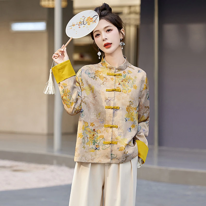 新中式国风盘扣外套女2025秋季新款别致黄色提花宋锦复古唐装上衣