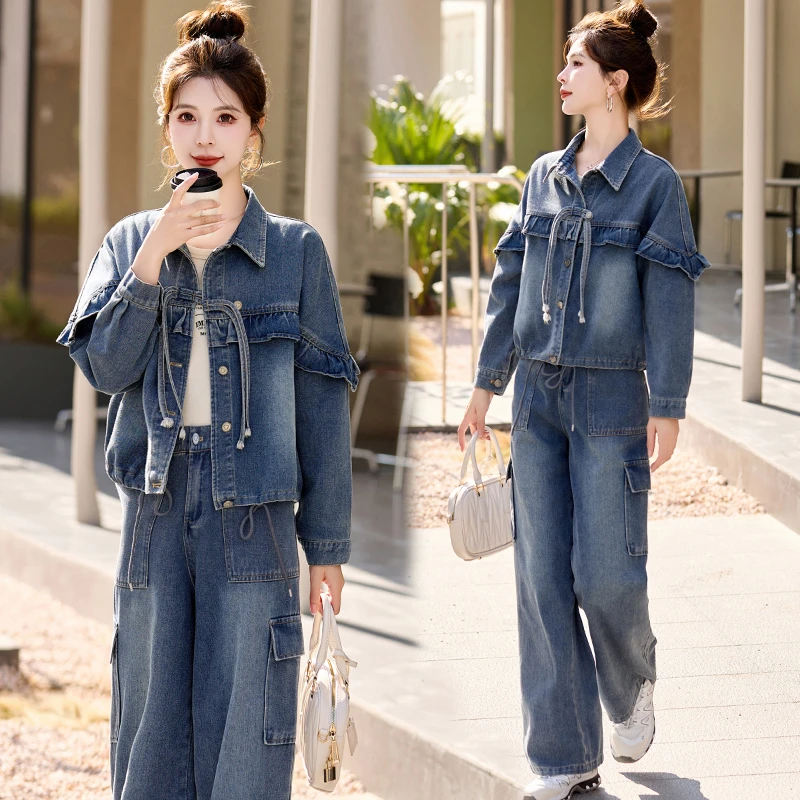 新中式复古牛仔阔腿裤套装女2025春秋新款休闲时尚宽松显瘦两件套
