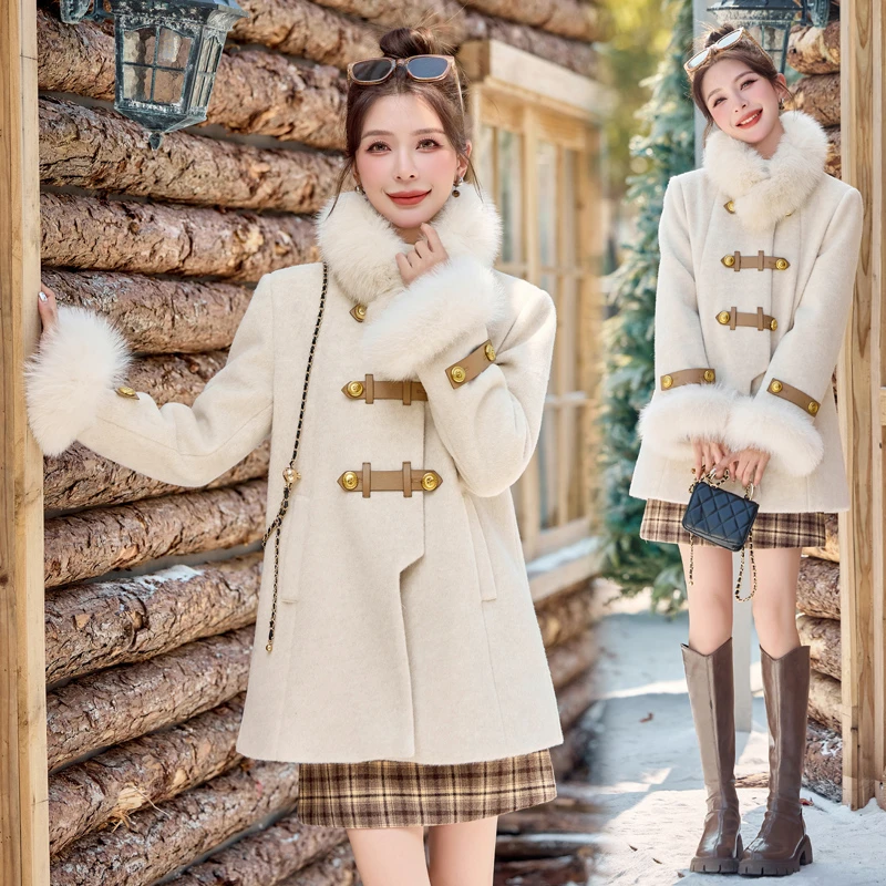 2024冬季新款狐狸毛羽绒内胆中长款毛呢大衣毛高级感羊毛外套潮