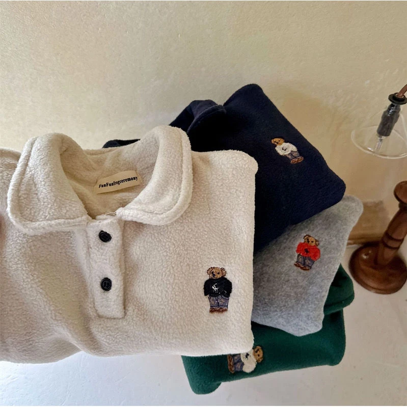 儿童加绒polo衫2024秋冬新品女童打底衫衬衫男童卡通卫衣绒XYT