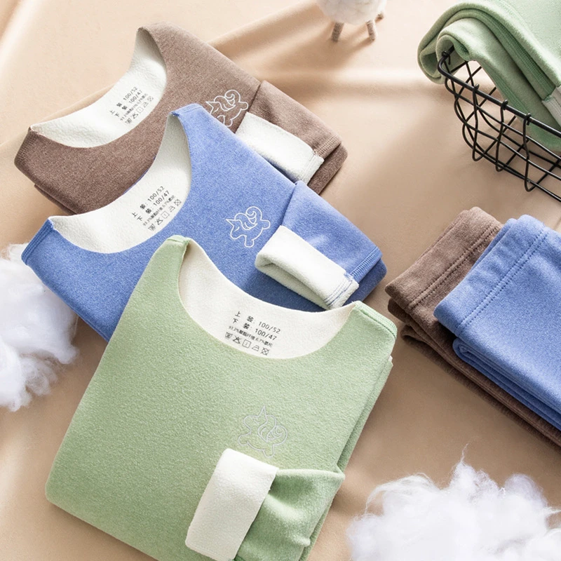 易慕优品儿童加厚内衣套装仿羊羔绒宝宝秋衣秋裤加绒德男女童家