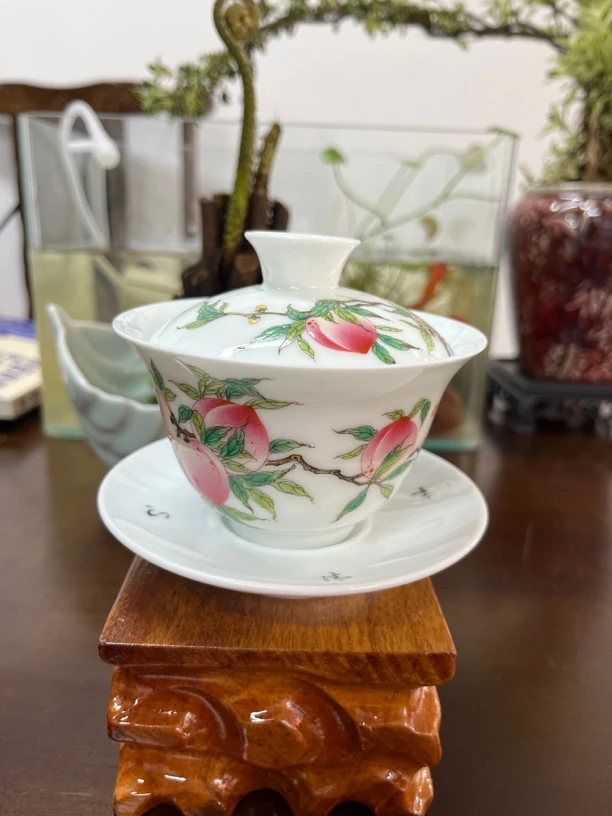 景德镇陶瓷茶具全手工制作釉上粉彩福寿延年纹饰三才盖碗