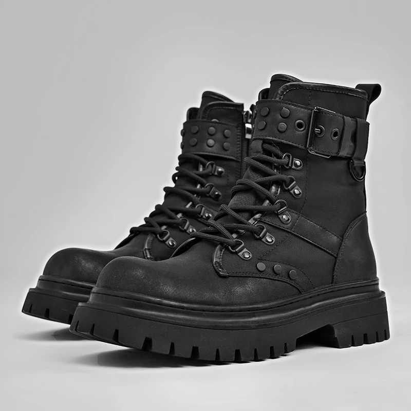 情侣休闲复古马丁靴2024高级感青少年英伦百搭柳钉厚底增高机车鞋