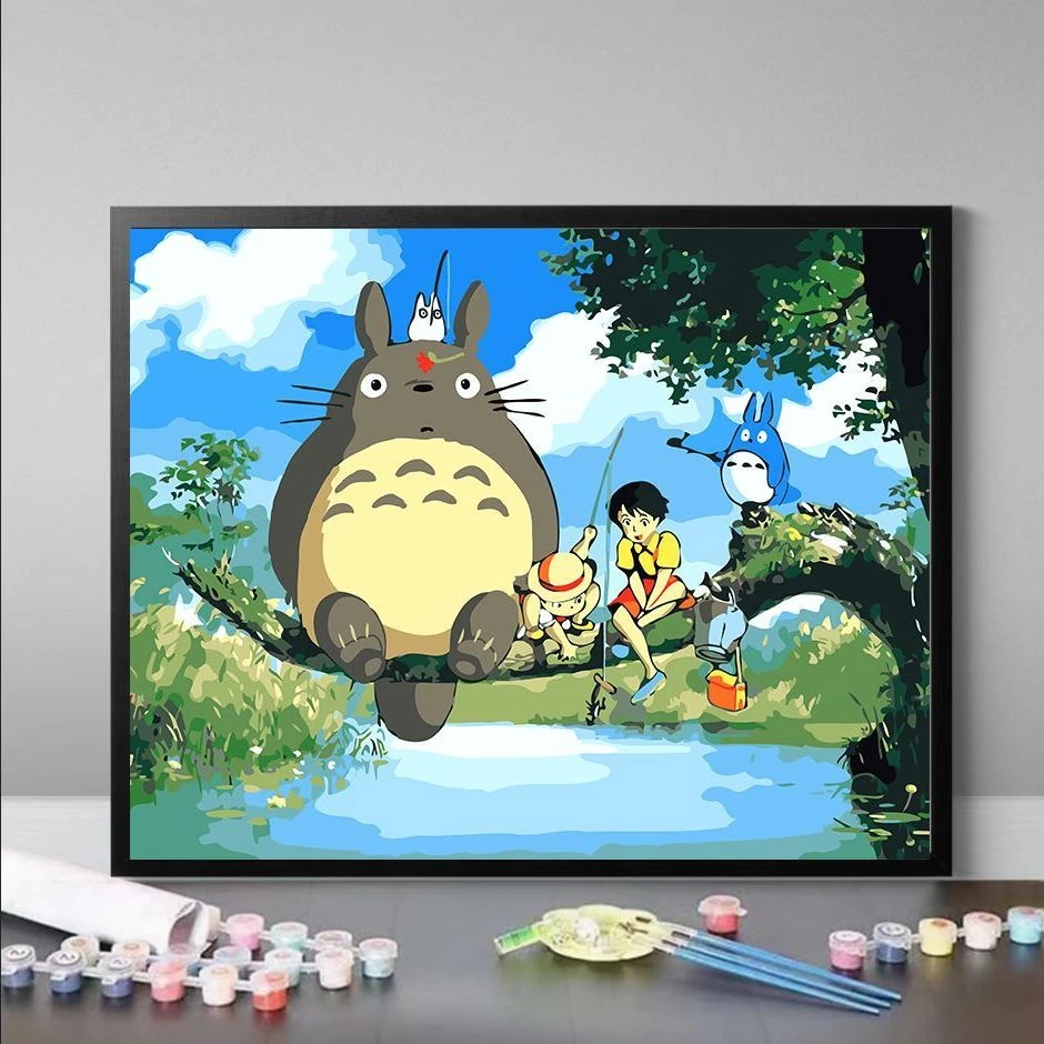 宫崎骏龙猫千与千寻定制数字油画挂墙黑色手绘涂色挂画装饰油彩画