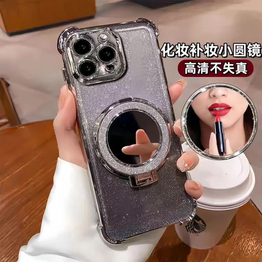 带补妆镜适用苹果16/15/手机壳闪粉华为防摔女款透明全包网红创意