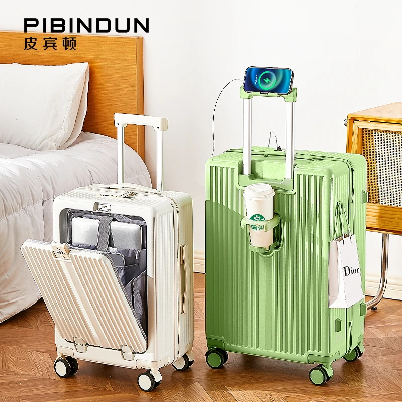 前置开口行李箱多功能女学生拉杆箱20寸登机密码箱男旅行箱杯架