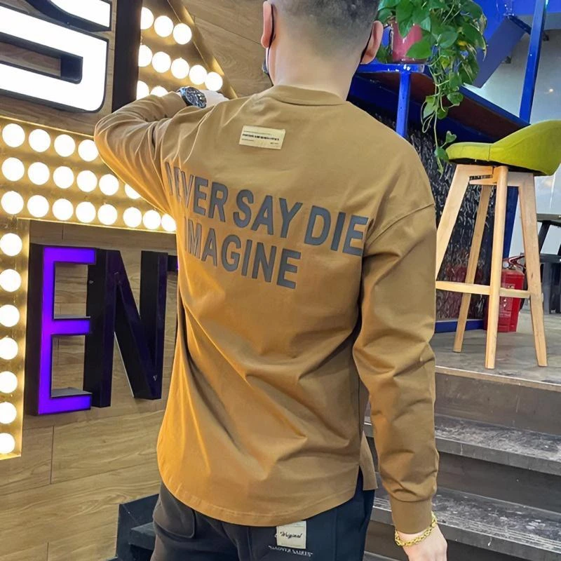 2023新款燕尾开叉棉质长袖T恤男韩版修身时尚字母印花高端打底衫