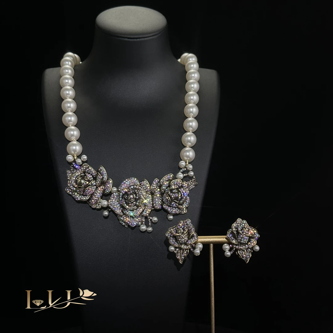 铜合金仿珍珠项链 爱情玫瑰 蓝色项链套装重工满钻镶嵌防珍珠轻奢