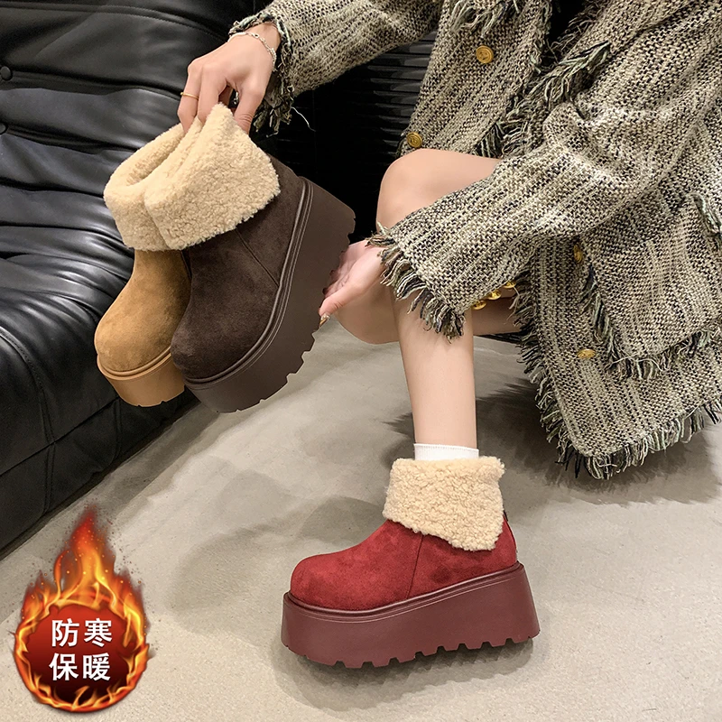 芒果头松糕雪地棉女2024年新款小个子增高厚底翻毛口加绒加厚