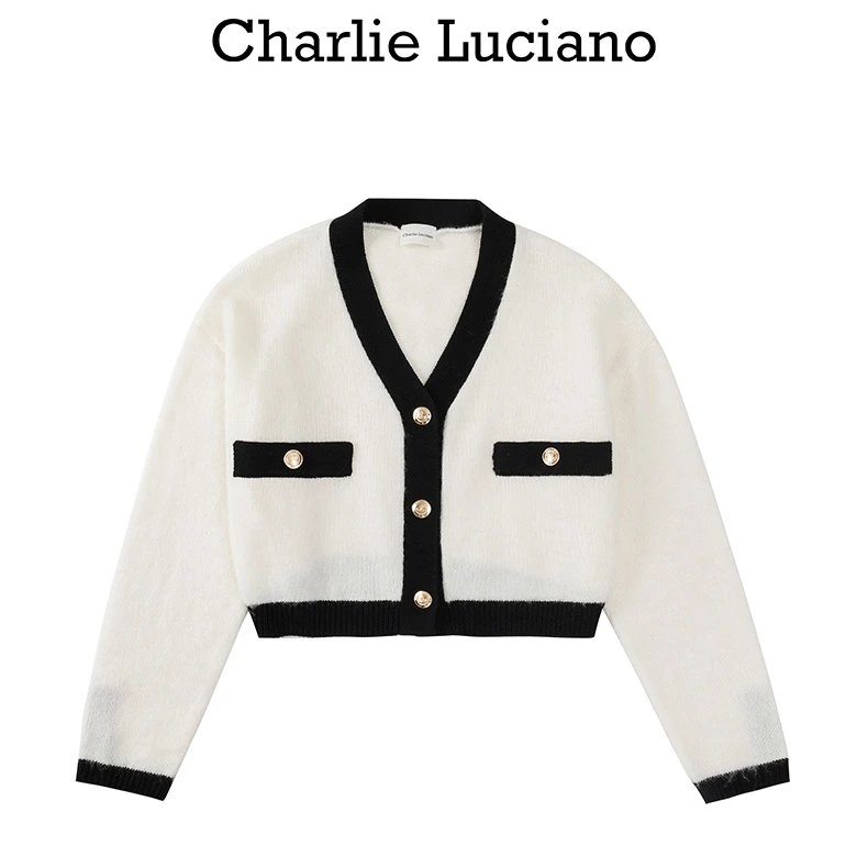 Charlie Luciano小香风黑白短款开衫女早春潮流气质针织上衣