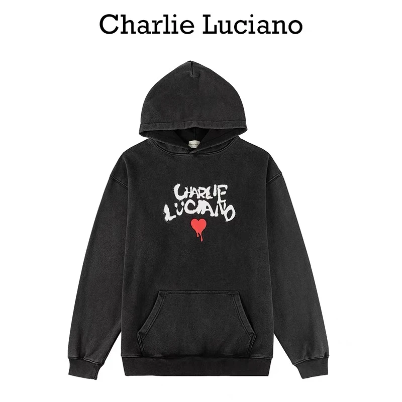CharlieLuciano涂鸦爱心做旧连帽卫衣2022秋季新款男女同款帽衫*