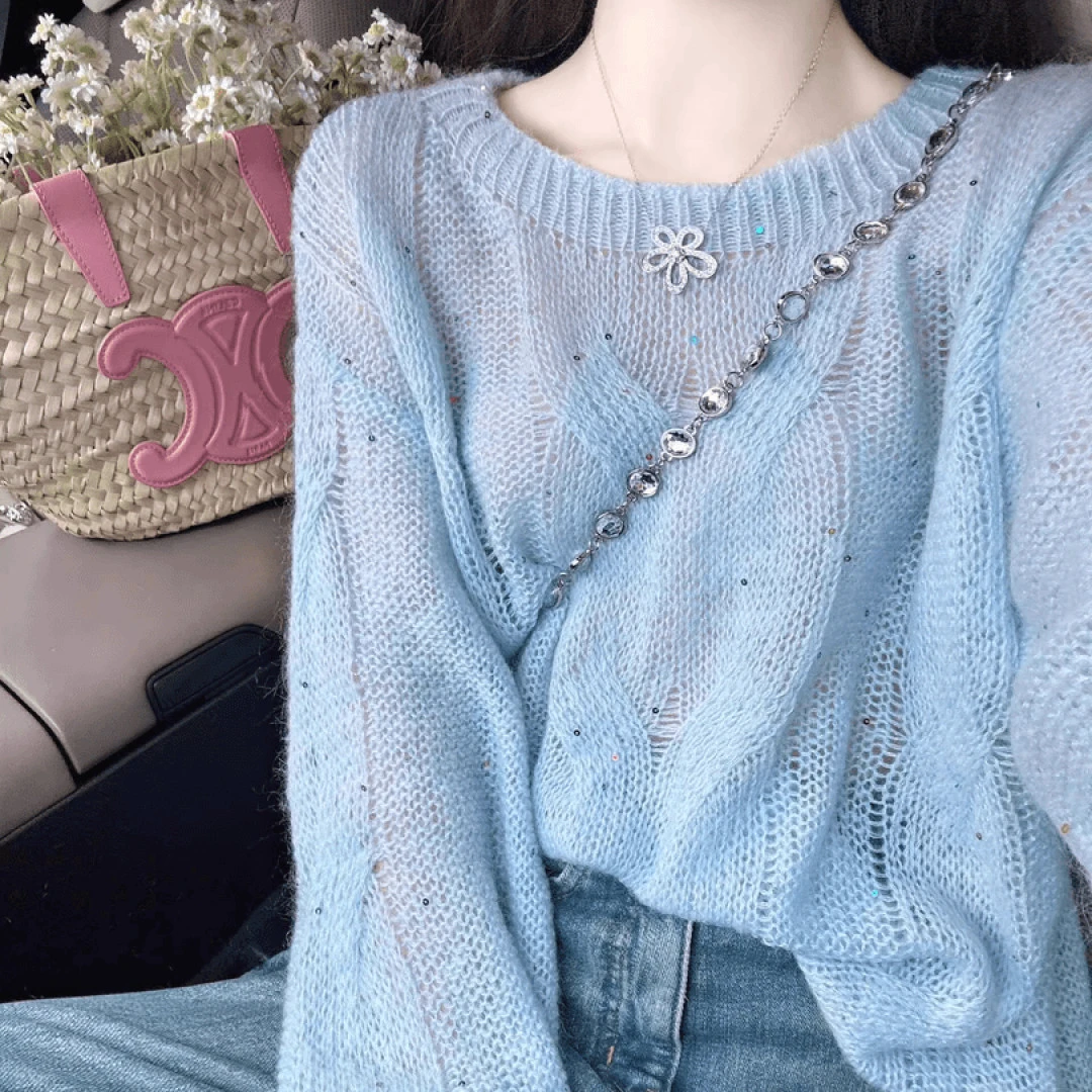 入秋搭配一整套韩系穿搭蓝色微透镂空毛衣针织衫牛仔裤长裤两件套