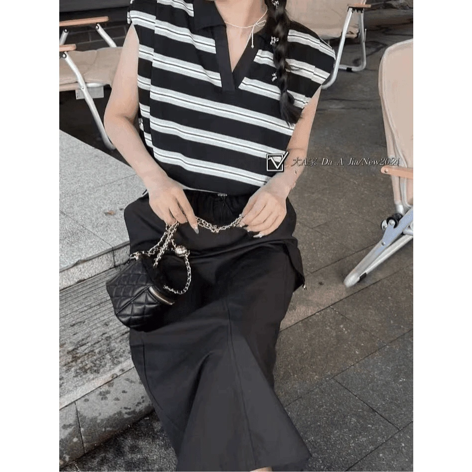 条纹Polo领T恤上衣工装长裙甜酷时尚两件套女装夏新款潮