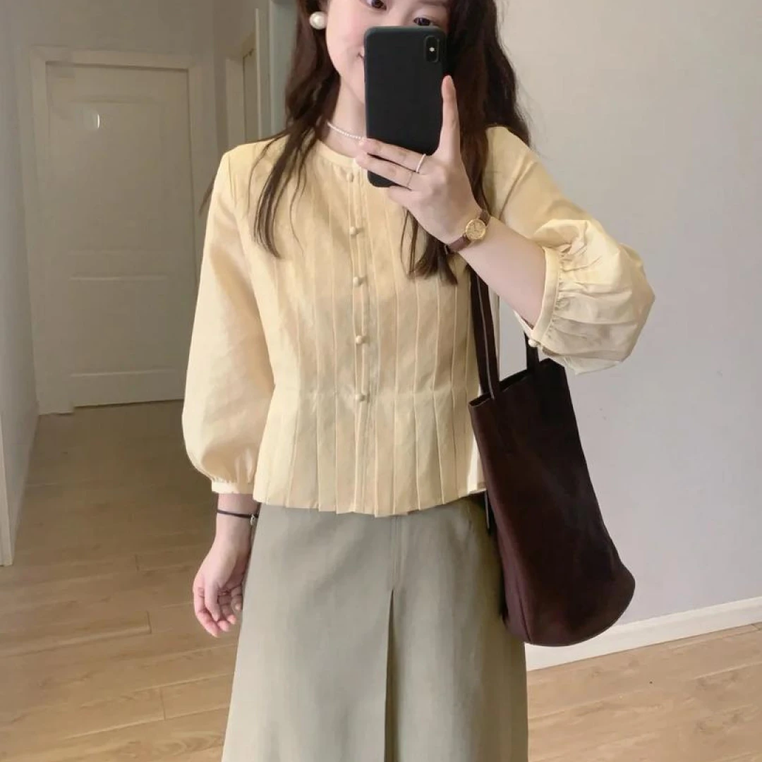 入秋搭配一整套小个子休闲长袖百褶衬衫上衣气质高腰半身裙两件套