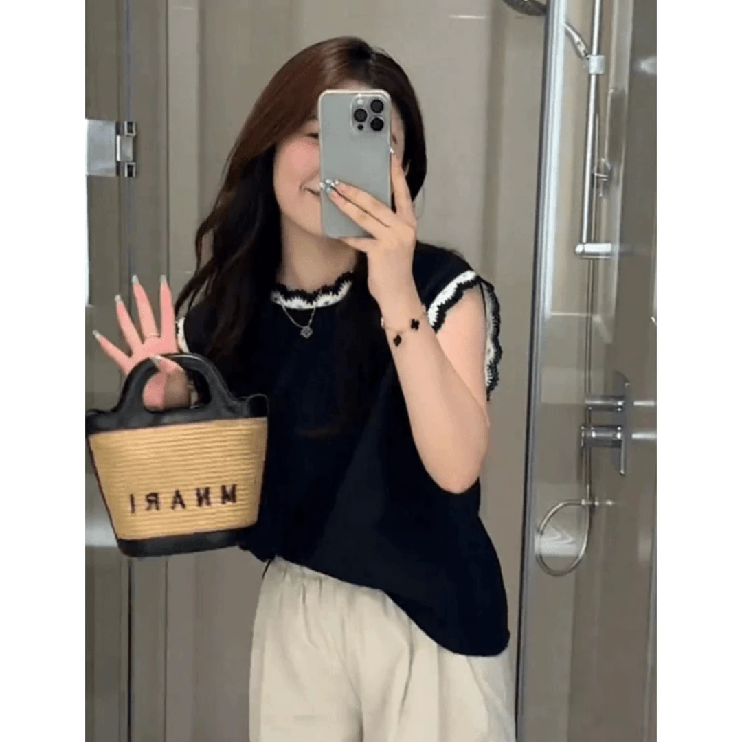 黑色蕾丝无袖衬衫女夏季大码微胖mm显瘦时尚独特漂亮好看小衫上衣