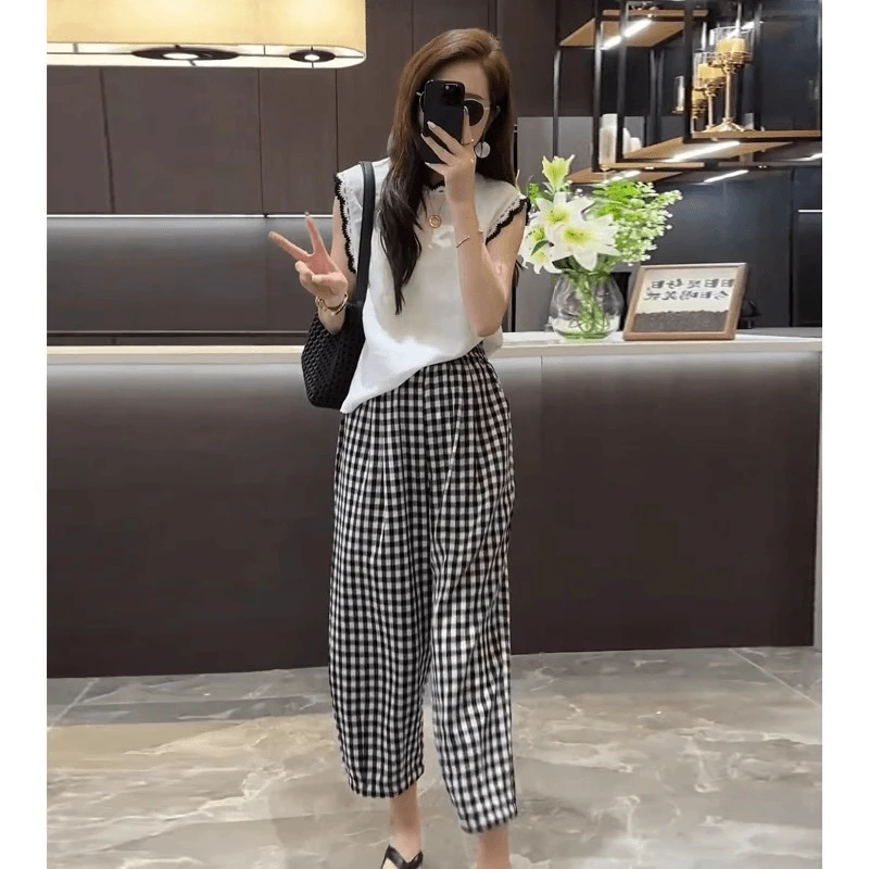 夏装搭配一整套时尚减龄洋气穿搭套装小飞袖上衣格子阔腿裤两件套