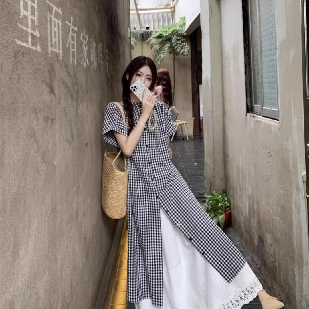日系黑白格子短袖衬衫连衣裙女夏季大码胖mm显瘦复古百搭宽松长裙