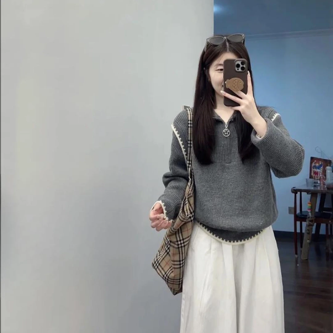 2024秋冬新款设计感小众半拉链高领针织毛衣女高腰休闲裤两件套潮