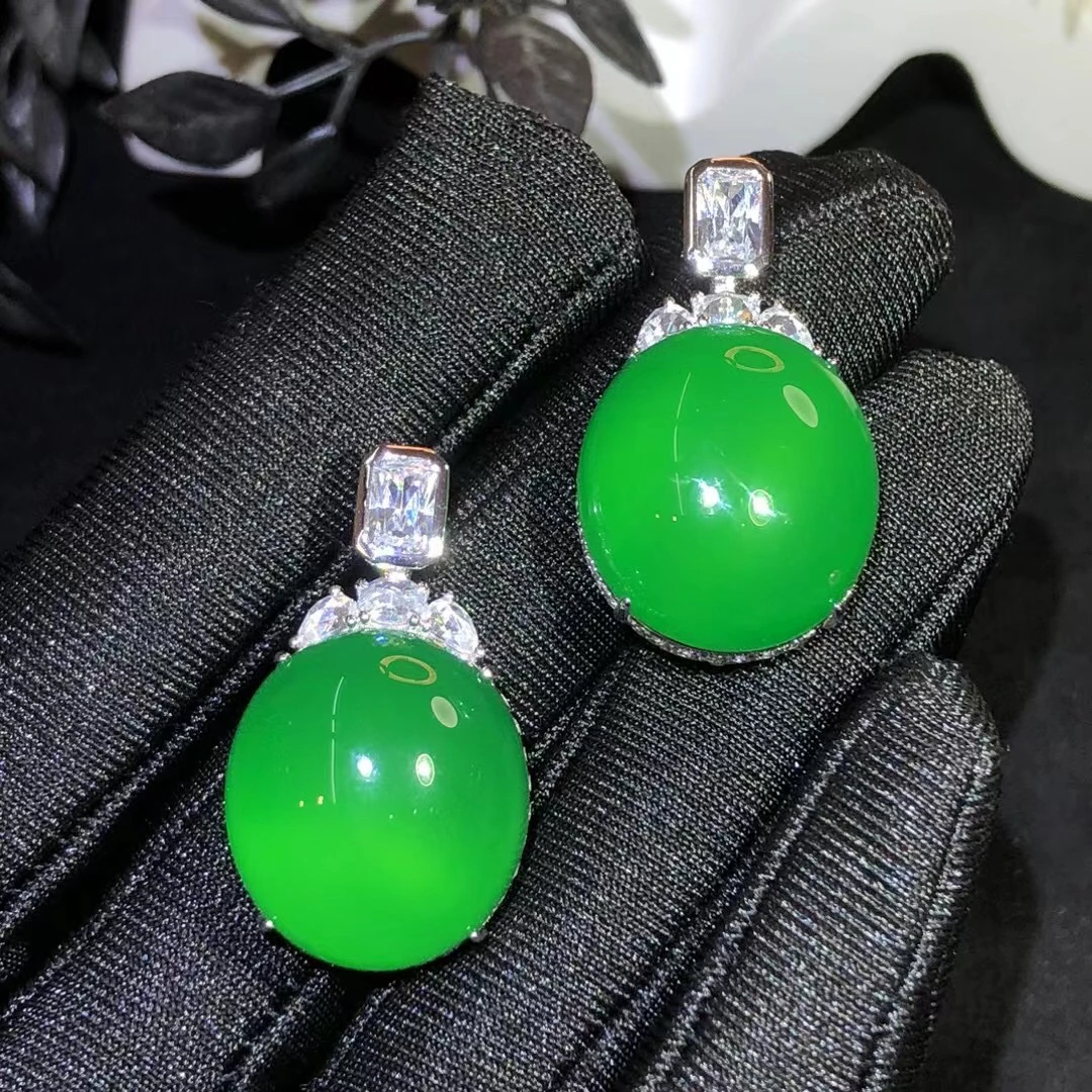 s925银饰镶嵌绿玉髓精美简约扣头大号鸽子蛋挂件女款珠宝玉石吊坠
