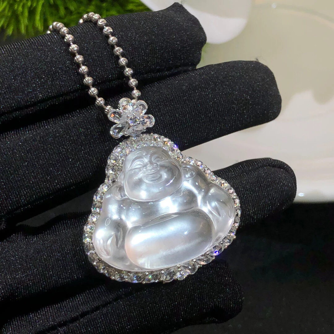 s925银饰镶嵌小众天然石英质玉轻奢气质大佛公可拆卸后盖项链吊坠