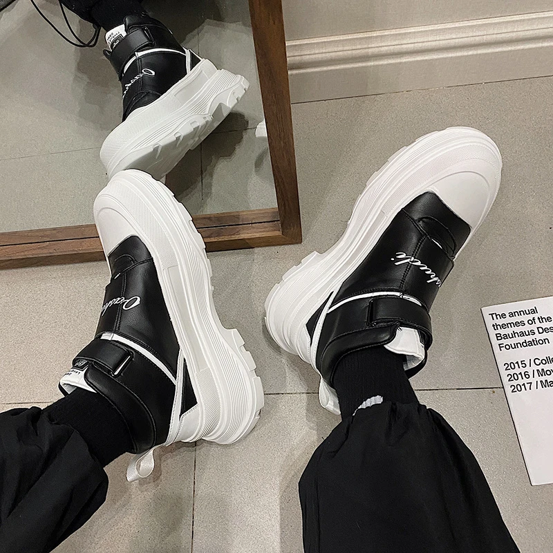 3523皮面休闲鞋魔术贴方便穿脱增高男鞋厚底运动潮流圆头ins潮鞋