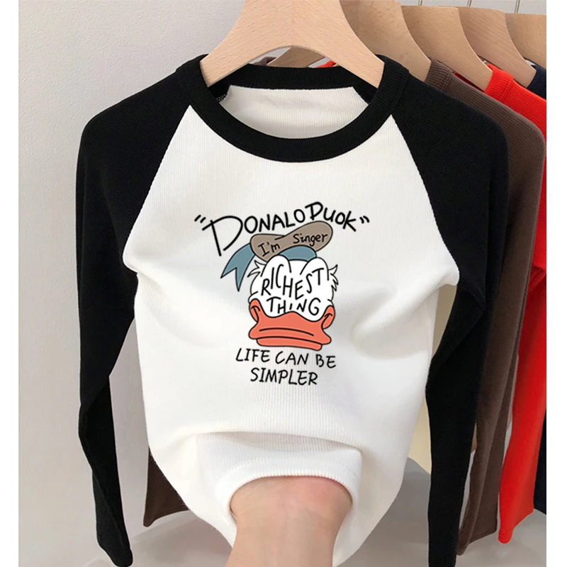 秋冬新款插肩长袖t恤女时尚显瘦拼色印花保暖内搭圆领打底衫上衣