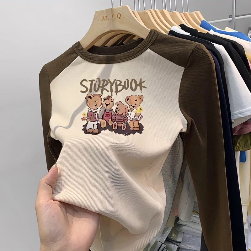 秋冬新款正肩长袖t恤女加厚打底衫拼色插肩印花德绒圆领保暖上衣