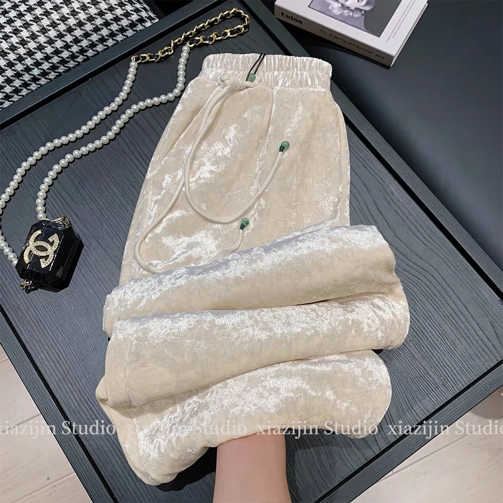 新中式丝绒裤子女2025春季新款国风高级感直筒休闲垂感显瘦阔腿裤