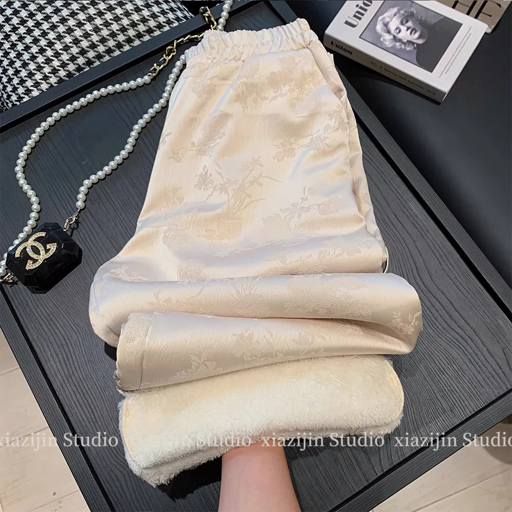 新中式缎面加绒阔腿裤女秋冬季国风提花设计感加厚高腰直筒休闲裤