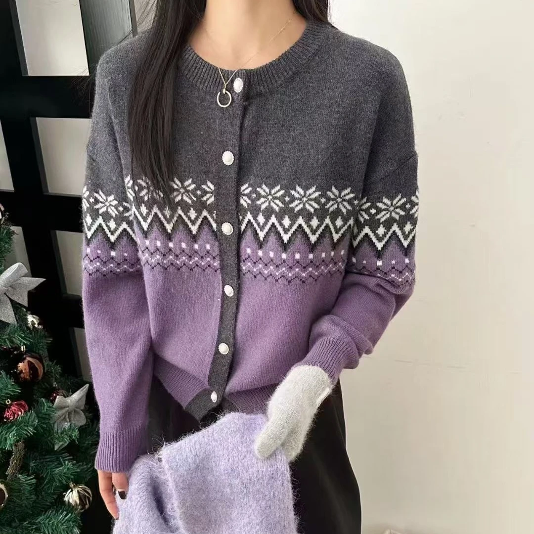 时尚民族风毛衣费尔岛时尚撞色毛衣针织开衫2024秋冬毛衣外套女