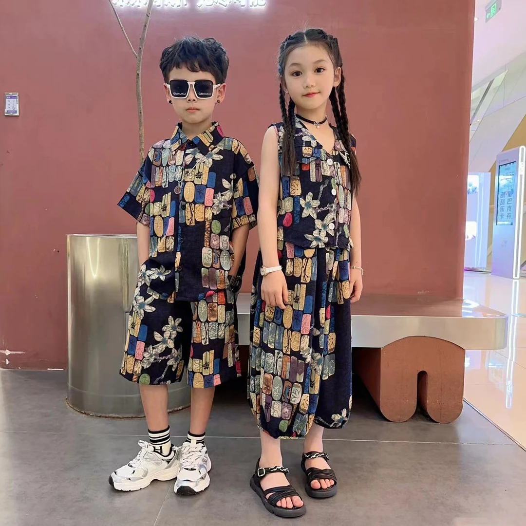 2025新款母女装亲子装姐弟装夏款冰丝印花冰凉丝滑休闲套装