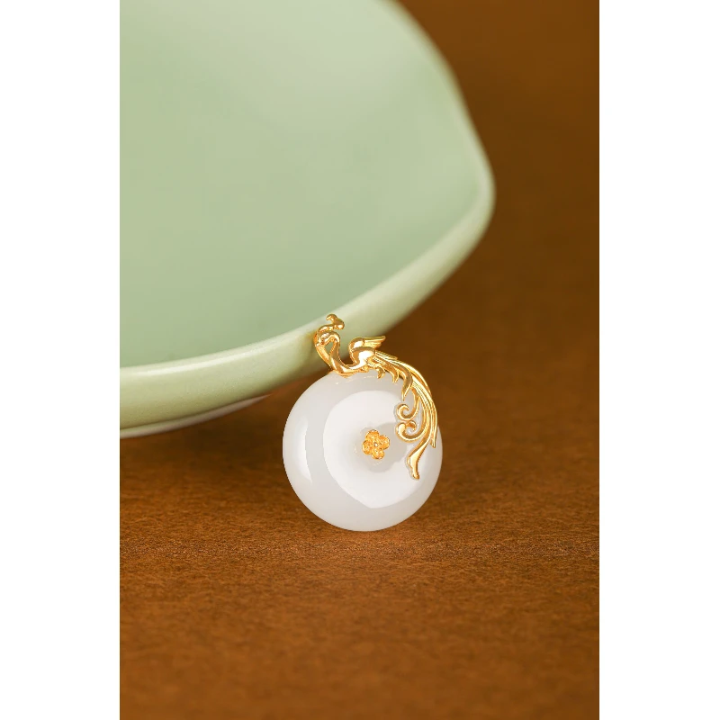 【4周年】【凤临天下】18K金凤凰镶嵌20mm高货白玉平安扣HNZ7214