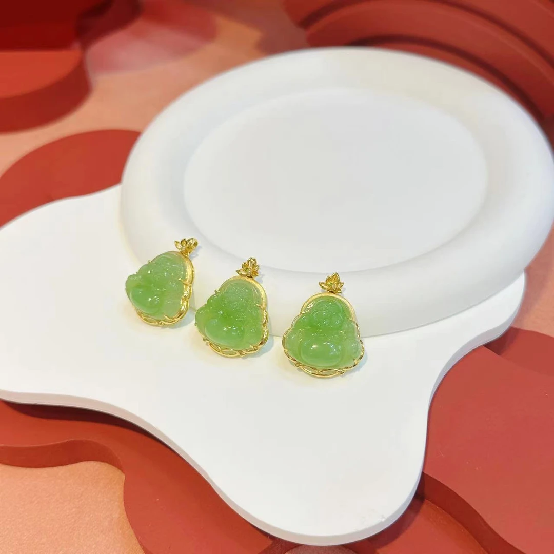 18K金莲花镶嵌20mm和田玉苹果绿佛（多样性发其一）HNZ6600