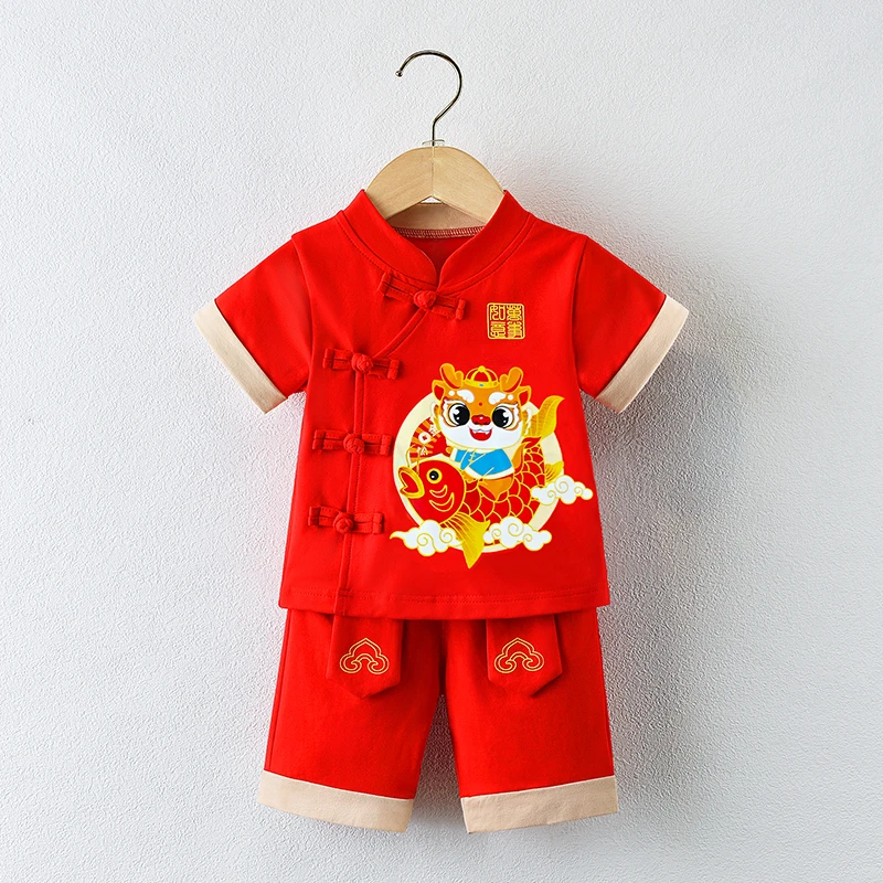 男宝宝抓周衣服夏季唐装男孩一周岁服喜庆男童汉服中国风生日套装