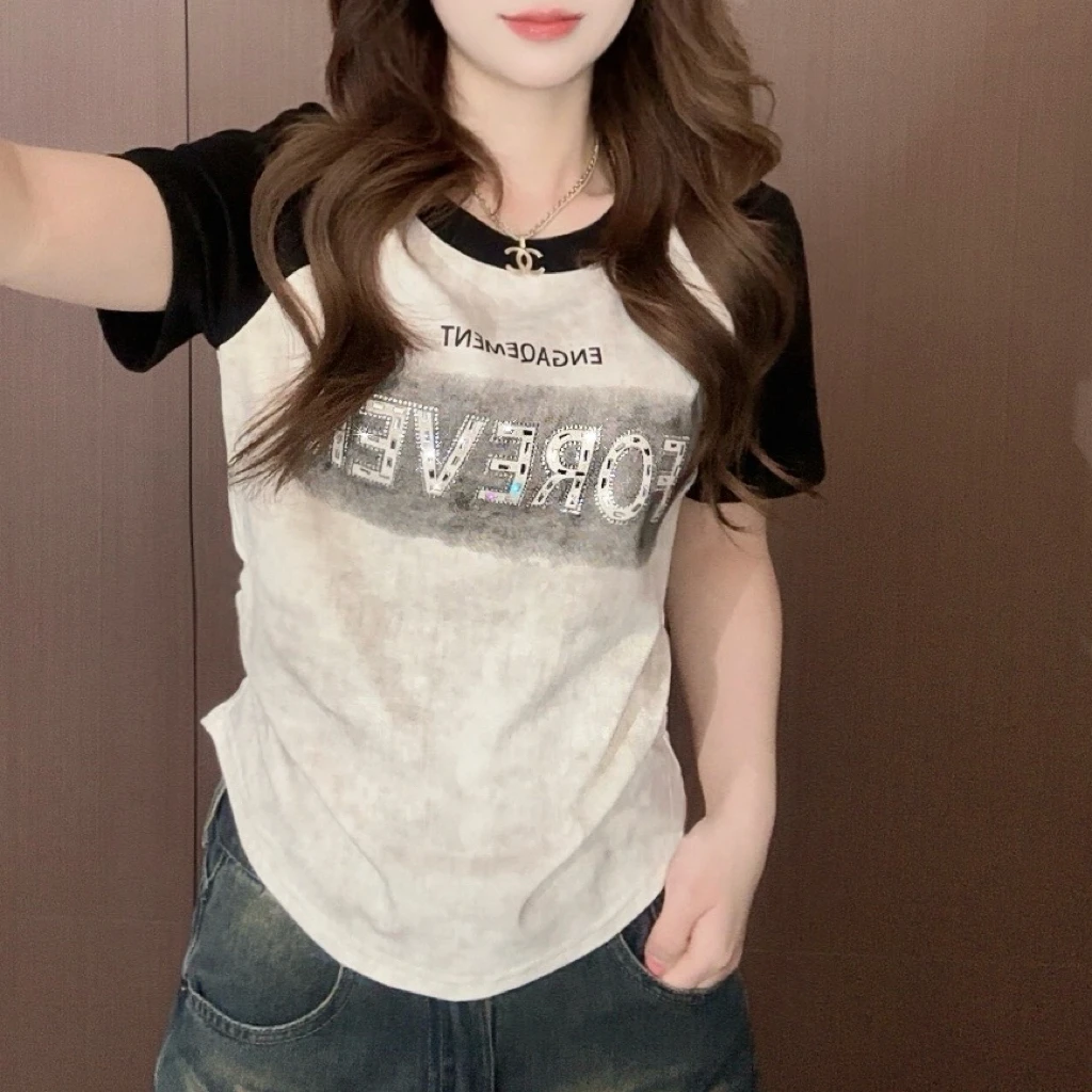 纯棉撞色短袖t恤女2025夏季新款烫钻印花设计时尚休闲百搭上衣潮