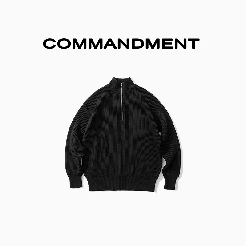 COMMANDMENT秋冬情侣高领半拉链套头纯色宽松长袖毛衣黑色针织衫