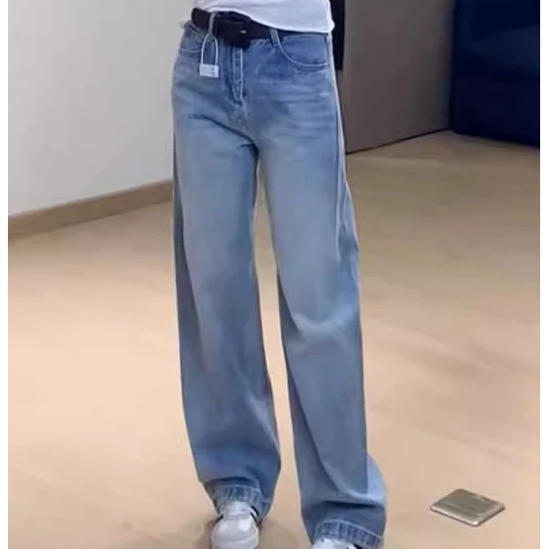 高腰窄版直筒牛仔裤女秋季新款大码胖mm洋气显瘦百搭弯刀阔腿长裤