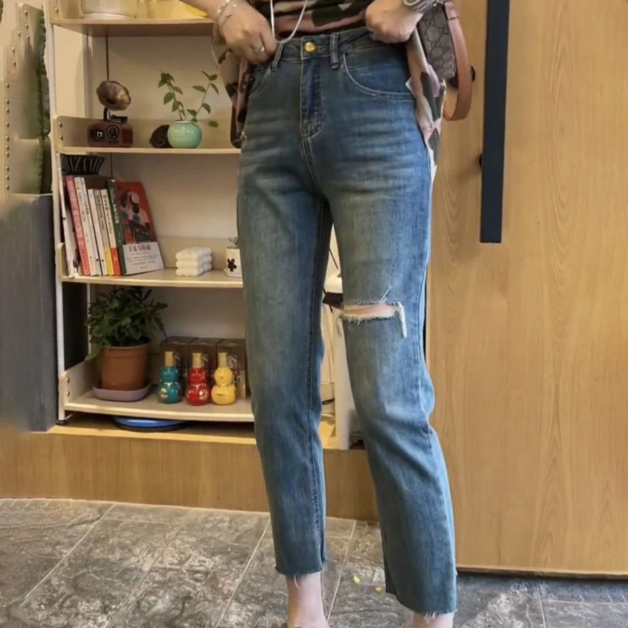 梨形身材八分破洞牛仔裤女大码胖妹妹夏季薄款高腰弹力显瘦九分裤