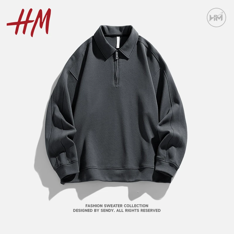 HM美式polo衫男士卫衣秋冬季重磅简约情侣款潮牌宽松半拉链上衣服