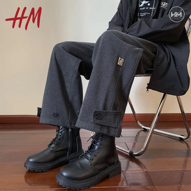 HM毛呢裤子男秋冬款加厚日系复古潮牌宽松大码阔腿直筒雅痞休闲裤