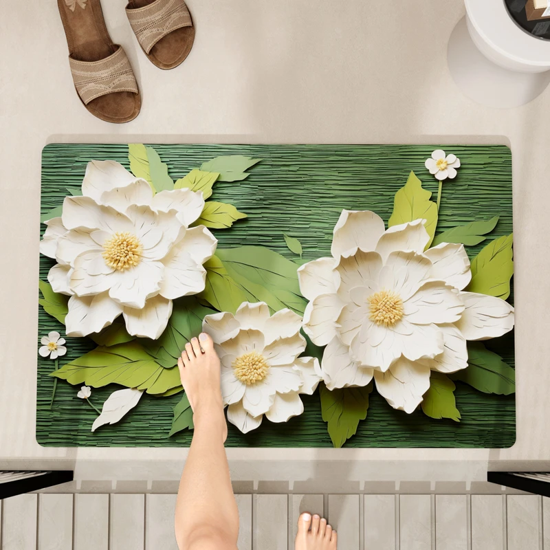 家用硅藻泥吸水耐脏地垫简约卫生间门口防滑垫彩绘白牡丹方形地垫
