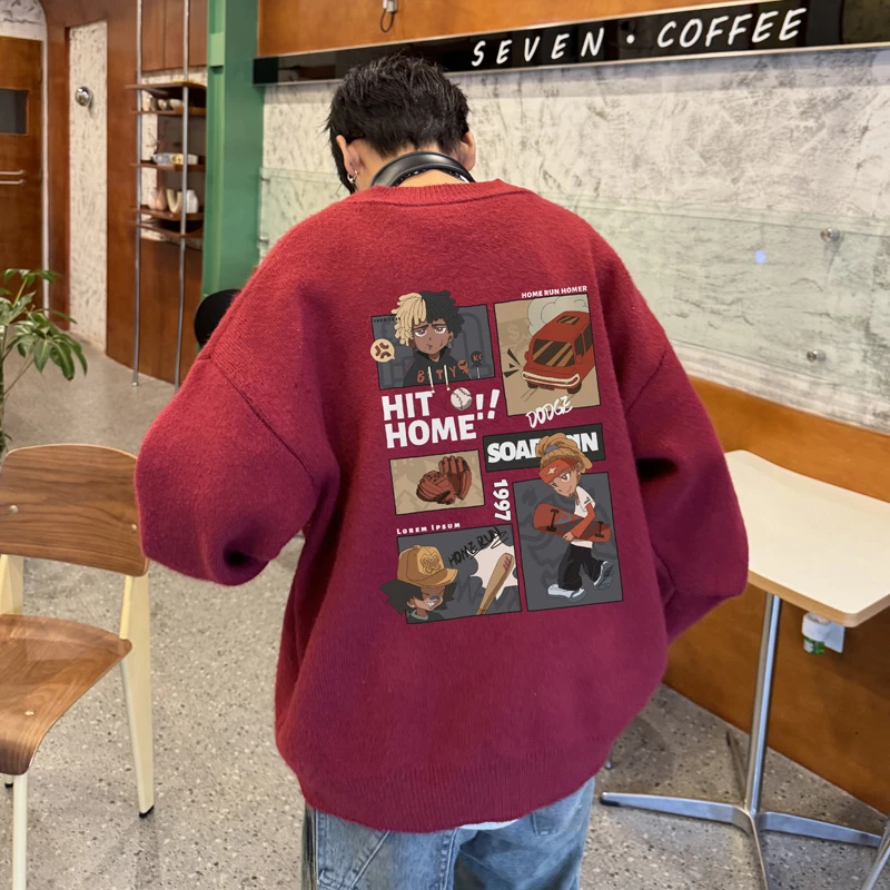 酒红色毛衣男款冬季加厚卡通印花套头线衣潮牌圆领宽松打底针织衫