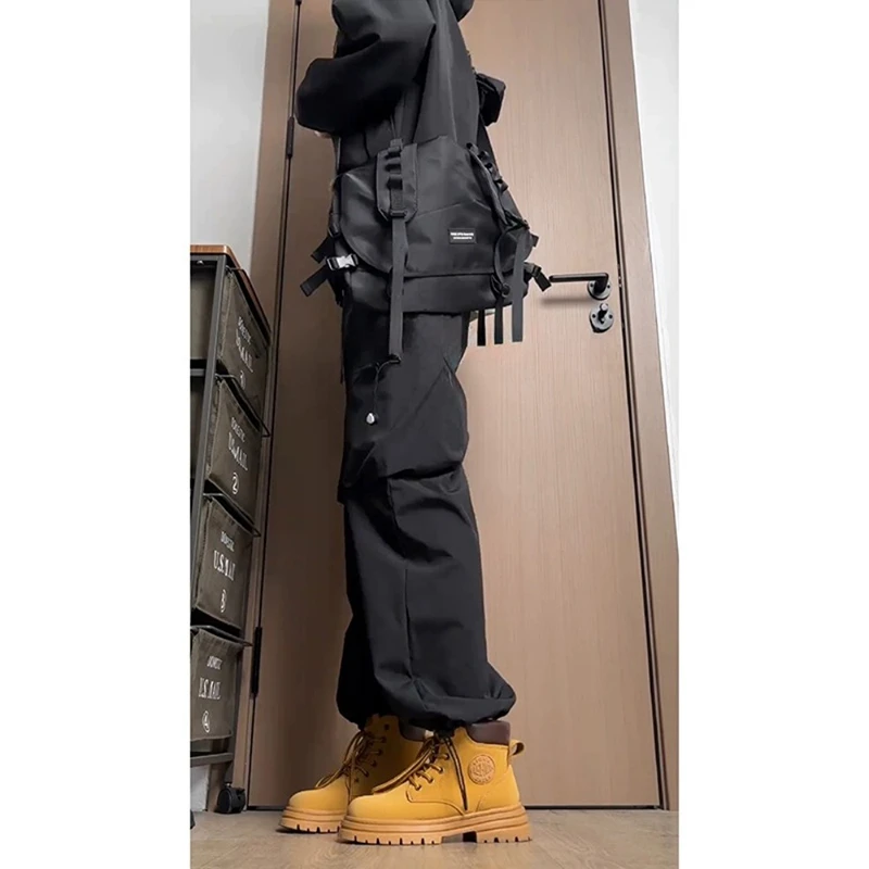 黑色大口袋工装裤男冬季加绒加厚垂感拖地裤子美式高街运动休闲裤