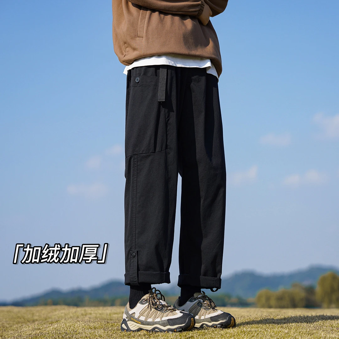 黑色加绒裤子男款秋冬季加厚卷边阔腿裤子潮牌直筒宽松运动休闲裤