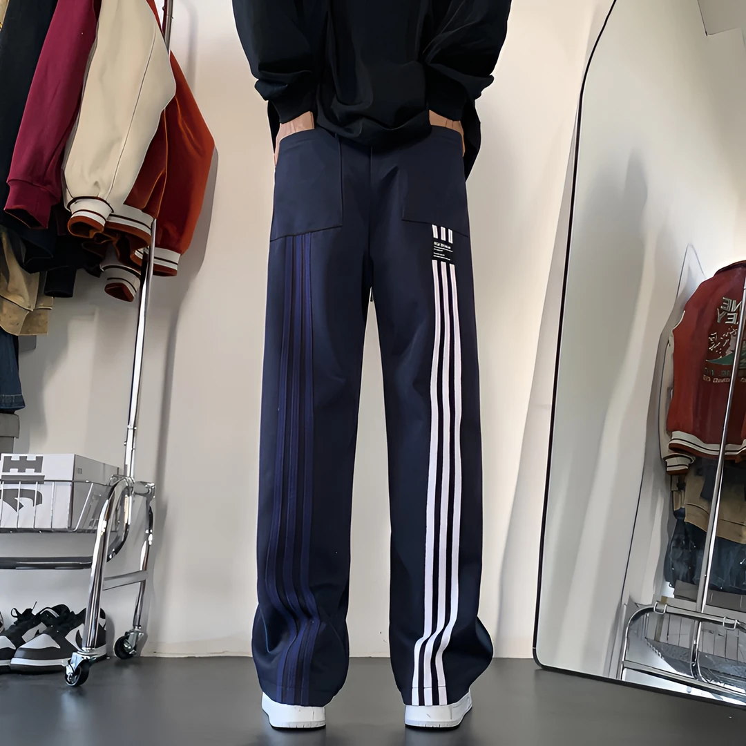 撞色拼接裤子男款秋冬季美式阔腿运动卫裤青少年百搭宽松休闲长裤