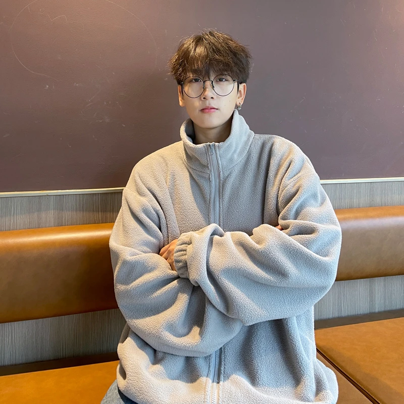 外套男秋冬季摇粒绒立领开衫学生卫衣青少年潮牌百搭大码宽松夹克